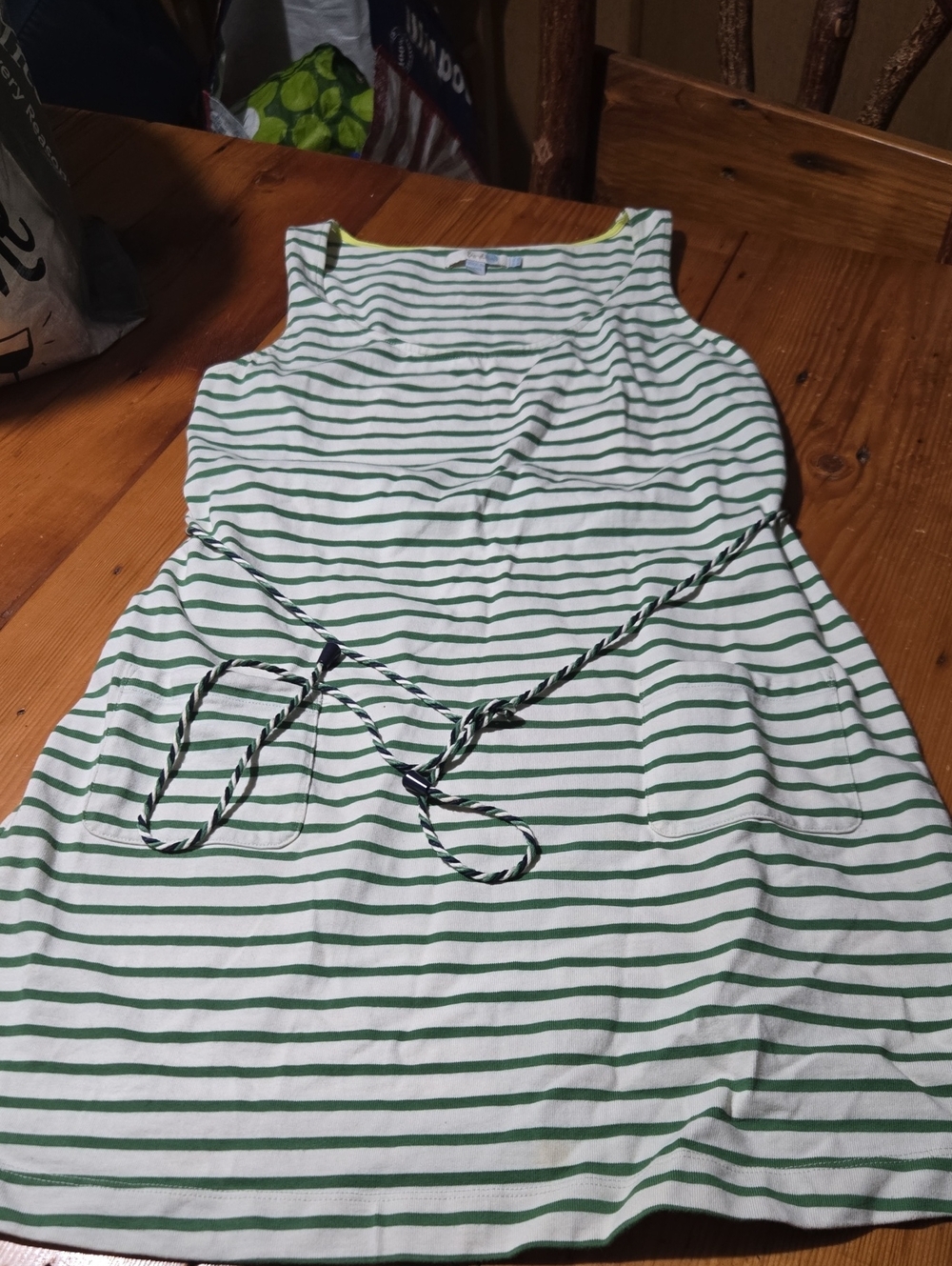 Boden Green and White Striped Sleeveless Tie-Waist Dress Sz 10l
